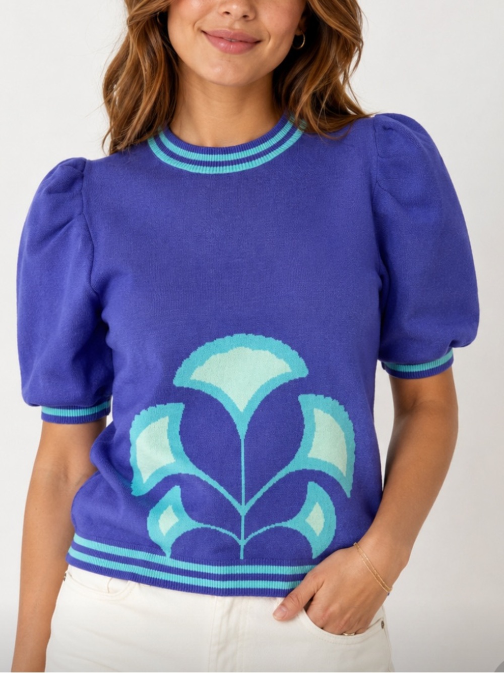 Emily McCarthy Knit Puff-Sleeve Sweater Top